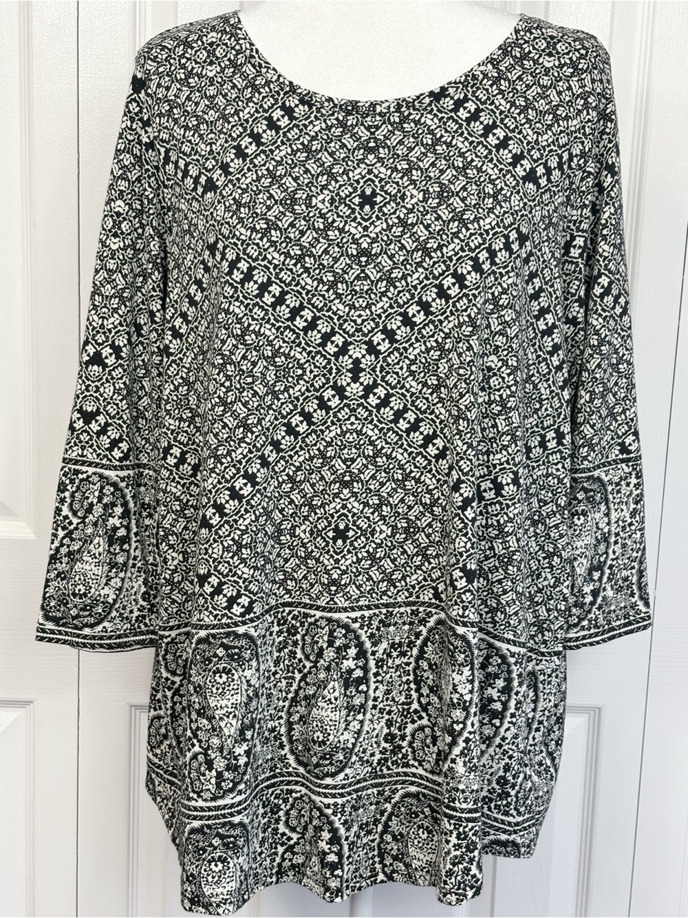 Lucky Brand Black & White Boho Paisley Cotton Modal 3/4 Sleeve Top 1X